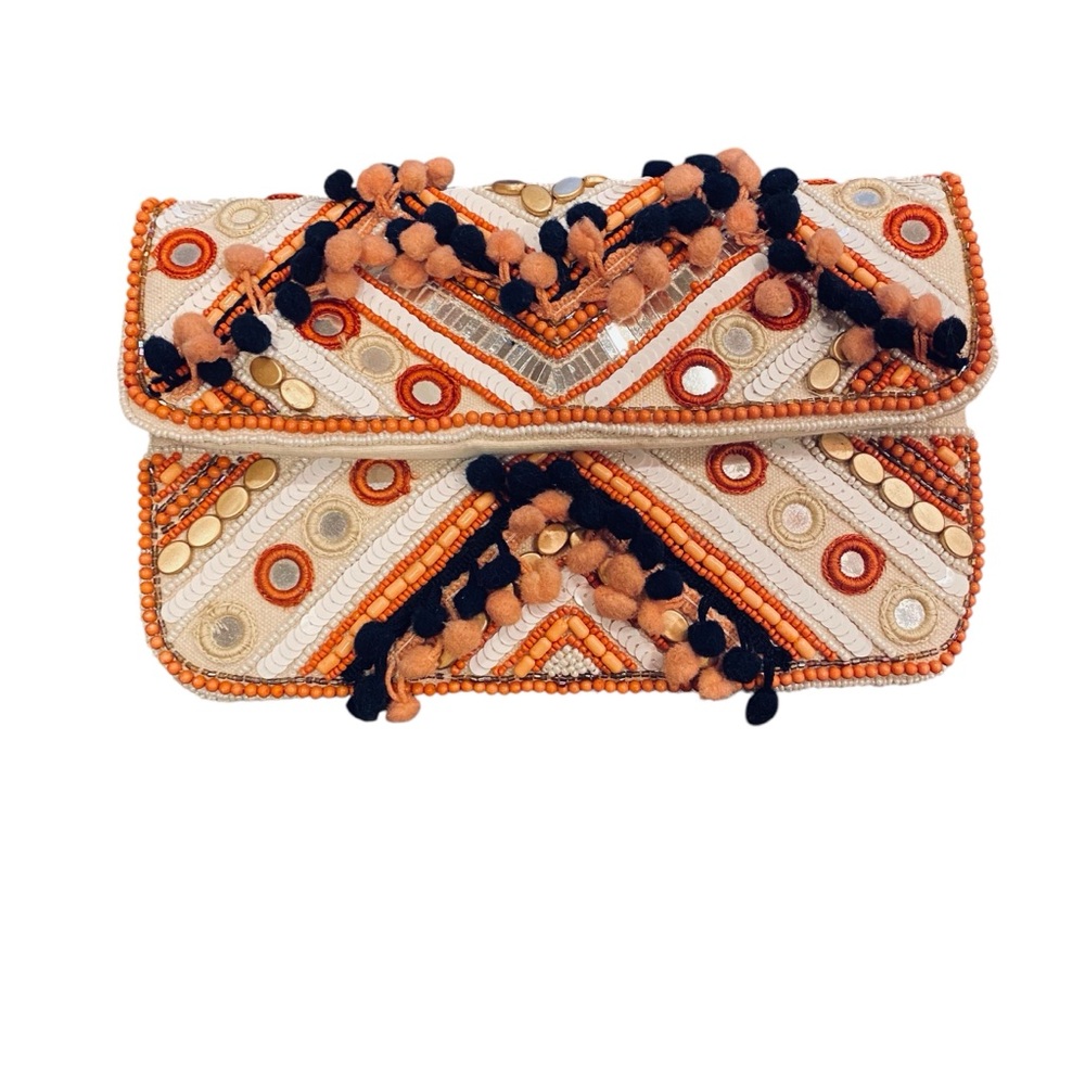 Clements Ribero Women’s Orange Black Textural Beaded Sequin PomPom Shoulder Bag